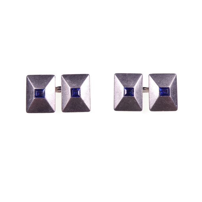   Cartier - Pair of Art Deco platinum and sapphire rectangular panel cufflinks  of low pyramid form | MasterArt